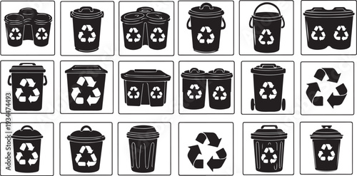 Recycling symbols and trash cans in black and white
