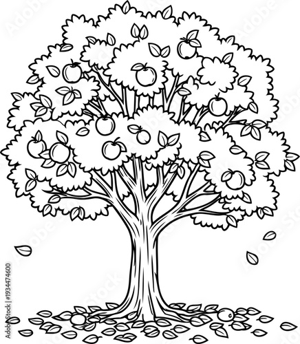 Apple tree bearing fruit with autumn leaves falling to the ground