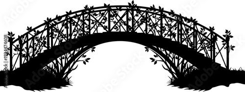 Arched garden bridge silhouette covered in climbing vines and leafy foliage