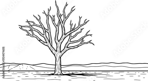 Bare tree standing in a desolate desert landscape with distant mountains