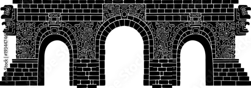 Ancient stone archway silhouette decorated with ornate carvings
