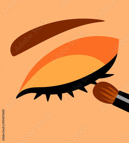 Closeup eye makeup vector with orange and yellow eyeshadow, eyeliner, eyebrow, and cosmetic brush. Flat beauty salon illustration focused on glam visagist details.