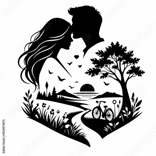 Love couple silhouette with flowing hair above a sunset landscape featuring a tree, flowers, winding path and bicycle, with hearts and birds, romantic minimalist vector design.