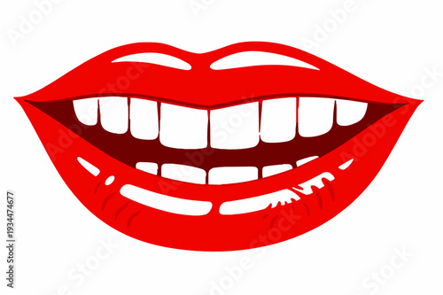 Laughing red lips with big teeth and glossy shine, bold flat vector on white background. Great for humor, chat emoji, cosmetic marketing, or pop art posters.