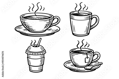 Black and white outline set of hot drinks: teacup, mug, takeaway cup, and coffee cup with saucer. Steam lines show warmth and comfort in a cafe style.