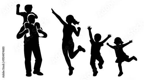 Black silhouettes of parents and kids celebrating, one parent carrying a child on shoulders while others jump. Joyful family fun, victory and togetherness concept, flat vector clipart on white.