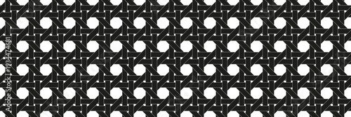 Horizontal black rattan hexagon seamless pattern. Interlaced basket weave texture on white background
