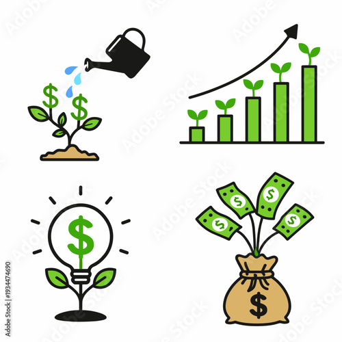 Set of four money growth icons: watering a cash plant, rising bar chart with sprouts, dollar lightbulb idea, and money bag with banknotes. Wealth building concept.
