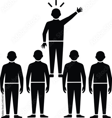 Silhouette of a leader standing above a group of people, symbolizing leadership, teamwork, and success in business