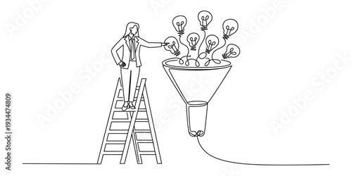 Continuous line drawing of businesswoman filtering ideas into a funnel