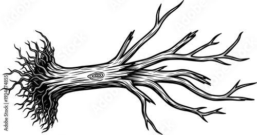 Fallen tree trunk lies with exposed roots and broken branches