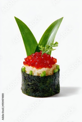 Wallpaper Mural Elegant Sushi Roll with Bright Red Roe on White Background Featuring Green Leaves and Black Seaweed Wrapper in Studio Lighting Torontodigital.ca