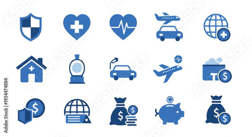 A collection of blue icons representing various financial and insurance concepts
