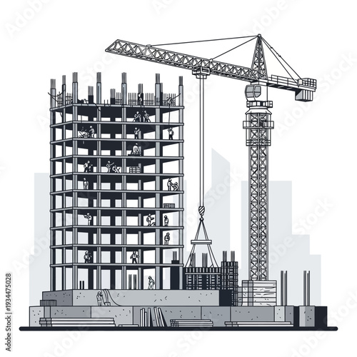 Construction site with crane and building under development, workers busy on site