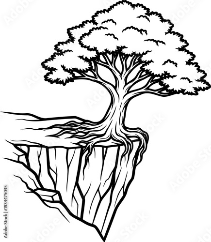 Leafy tree growing precariously on the edge of a steep cliff