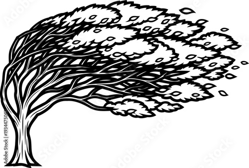 Leafy tree struggling against fierce wind and flying debris