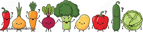 Cute Cartoon Vegetable Characters Collection with Carrot, Broccoli, Pepper, Onion, Potato and Cabbage Funny Vector Set