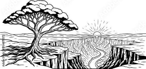 Lone tree overlooking a vast canyon during a desert sunrise