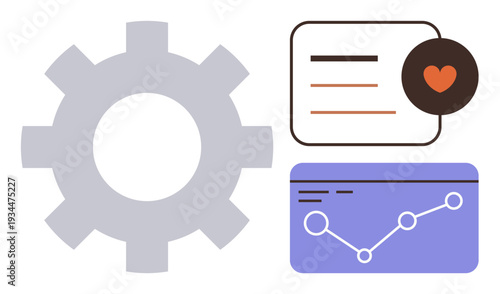Business strategies, data analytics, communication tools, teamwork, workflow optimization, technology interfaces. Gear, chart and heart icon teamwork and data analytics. Business strategies and data