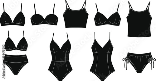 Black Silhouettes of Lingerie and Swimwear on White Background bikini top camisole