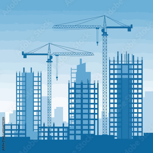 Construction site with cranes and unfinished skyscrapers under blue sky