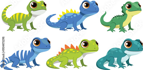 Cute Cartoon Lizard and Gecko Collection with Colorful Reptile Characters for Kids Wildlife Vector Illustration Set