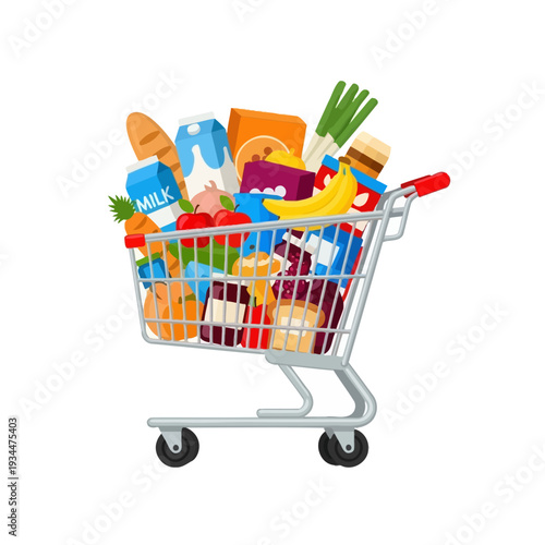 Full shopping cart overflowing with groceries, fruits, vegetables, and dairy products