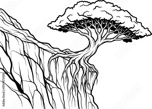 Tree growing on edge of steep rocky cliff