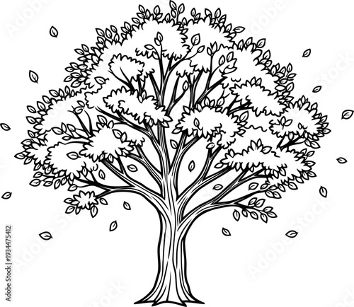 Tree in a gust of wind with autumn leaves swirling through the air