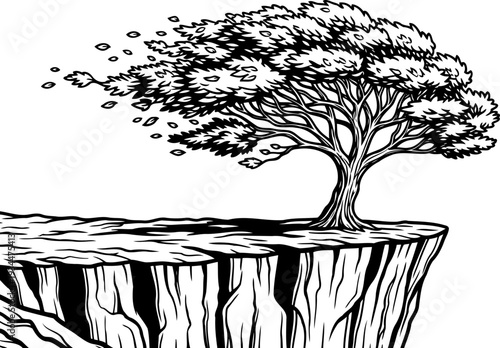 Tree on a rocky plateau with autumn leaves blowing in the wind