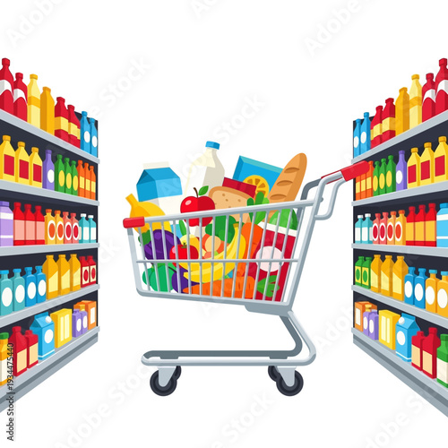 Full grocery shopping cart overflowing with fresh food and drinks between supermarket aisles