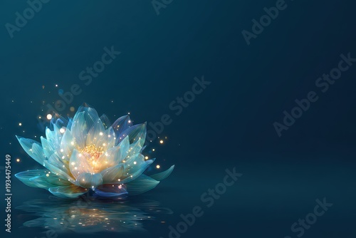 Wallpaper Mural Glowing Lotus Flower Reflecting on Water in Deep Blue Background with Sparkles and Bokeh Torontodigital.ca