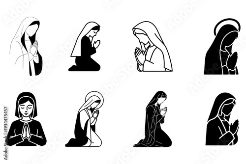 Mary Praying Solid Icon set Christian Religious Vector