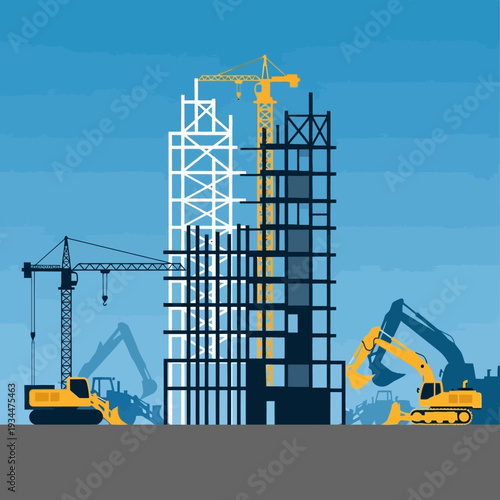 Construction site with skyscrapers, cranes, excavators, and building materials under blue sky