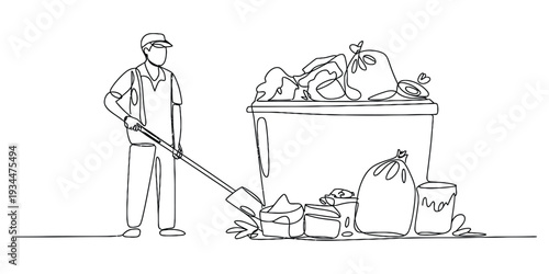 Minimalist continuous line drawing of a sanitation worker cleaning trash