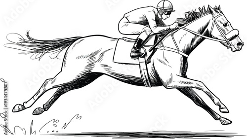jockey riding racehorse hand drawn ink sketch illustration