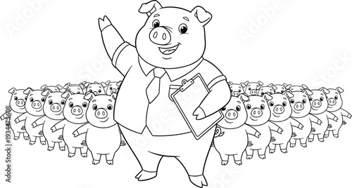 Smiling pig teacher standing with clipboard and waving to smaller pigs cartoon line teacher educator