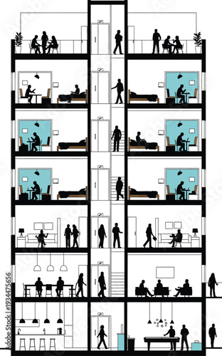 Office Building Interior Silhouettes: People Working, Relaxing, and Socializing in Modern Office Spaces and Residential Units