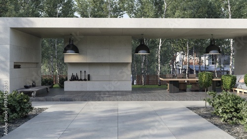 Modern concrete outdoor terrace with dining area and black pendant lights. Patio design. 3D rendering