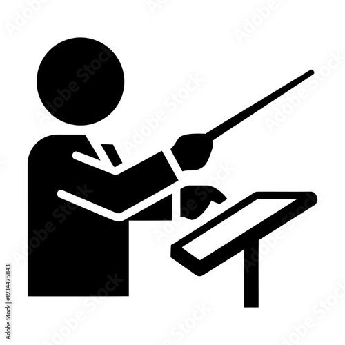 Orchestra conductor icon directing with a baton at a music stand for music performance and concert themes, minimalist black silhouette pictogram