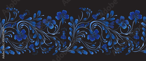 Vector floral seamless border pattern from hand painted blue flowers and leaves on a black background