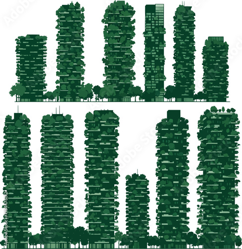 Green skyscrapers with vertical gardens, sustainable urban architecture and eco-friendly city living.