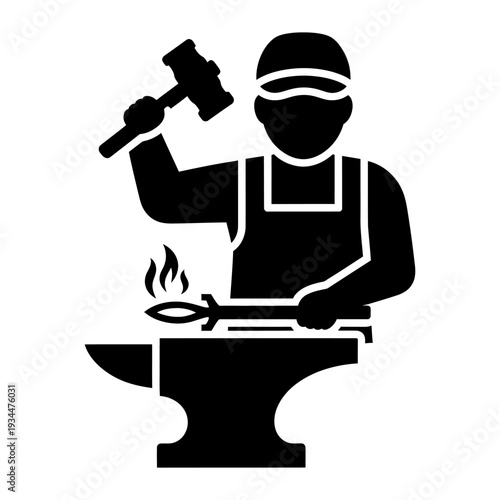 Blacksmith forging hot metal with hammer and anvil silhouette icon
