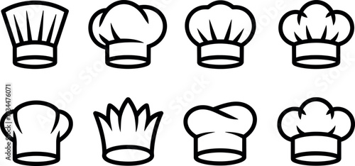 Collection of eight diverse chef hats depicted as simple black line art icons on a white background