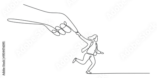 Continuous line art of giant hand restraining a running professional woman