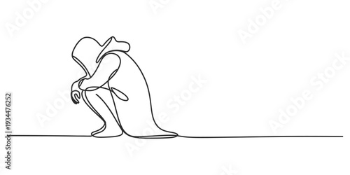 Minimalist one line drawing of sad person in hoodie