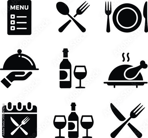 Collection of black and white icons related to dining, food service, and culinary arts, representing a restaurant menu