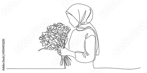 Minimalist one line drawing of muslim woman holding flowers