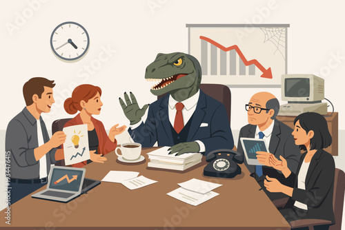 Corporate Dinosaur Boss in Suit Refusing New Ideas from Employees in Office Meeting, Outdated Leadership Resisting Change with Old Technology, Bad Management and Business Obsolescence Concept.