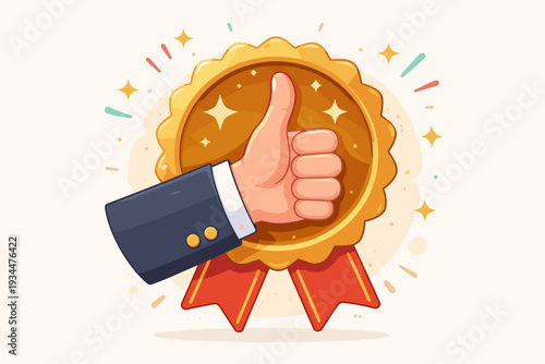 Vector illustration of a hand in a suit giving a thumbs up gesture in front of a golden medal award with red ribbons, symbolizing high quality approval, employee endorsement, and success achievement.